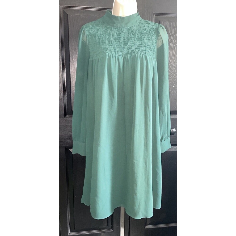 Sugarlips Kam Babydoll Dress M Emerald Green Smocked Mock Neck Boho Wedding